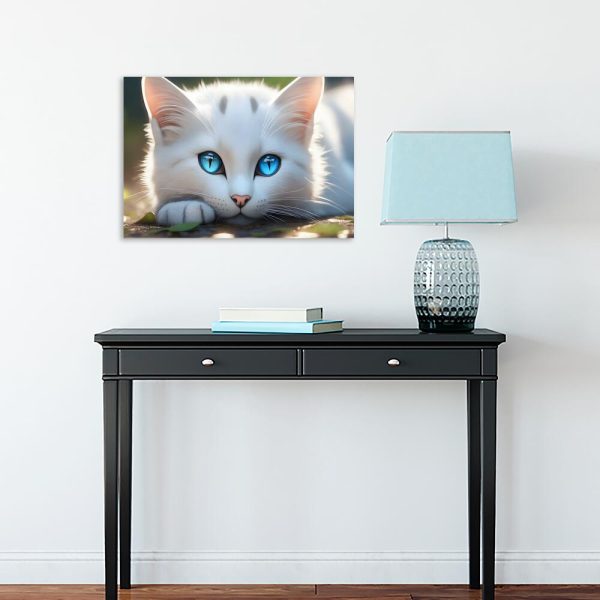 Obraz z białym kotem o niebieskich oczach