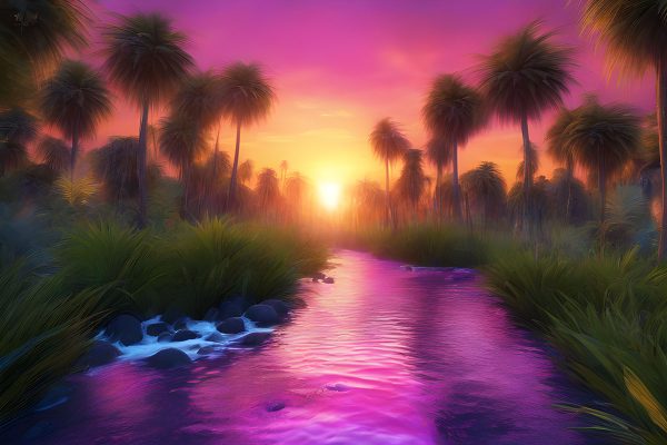 Fototapeta z zachodem słońca nad palmami